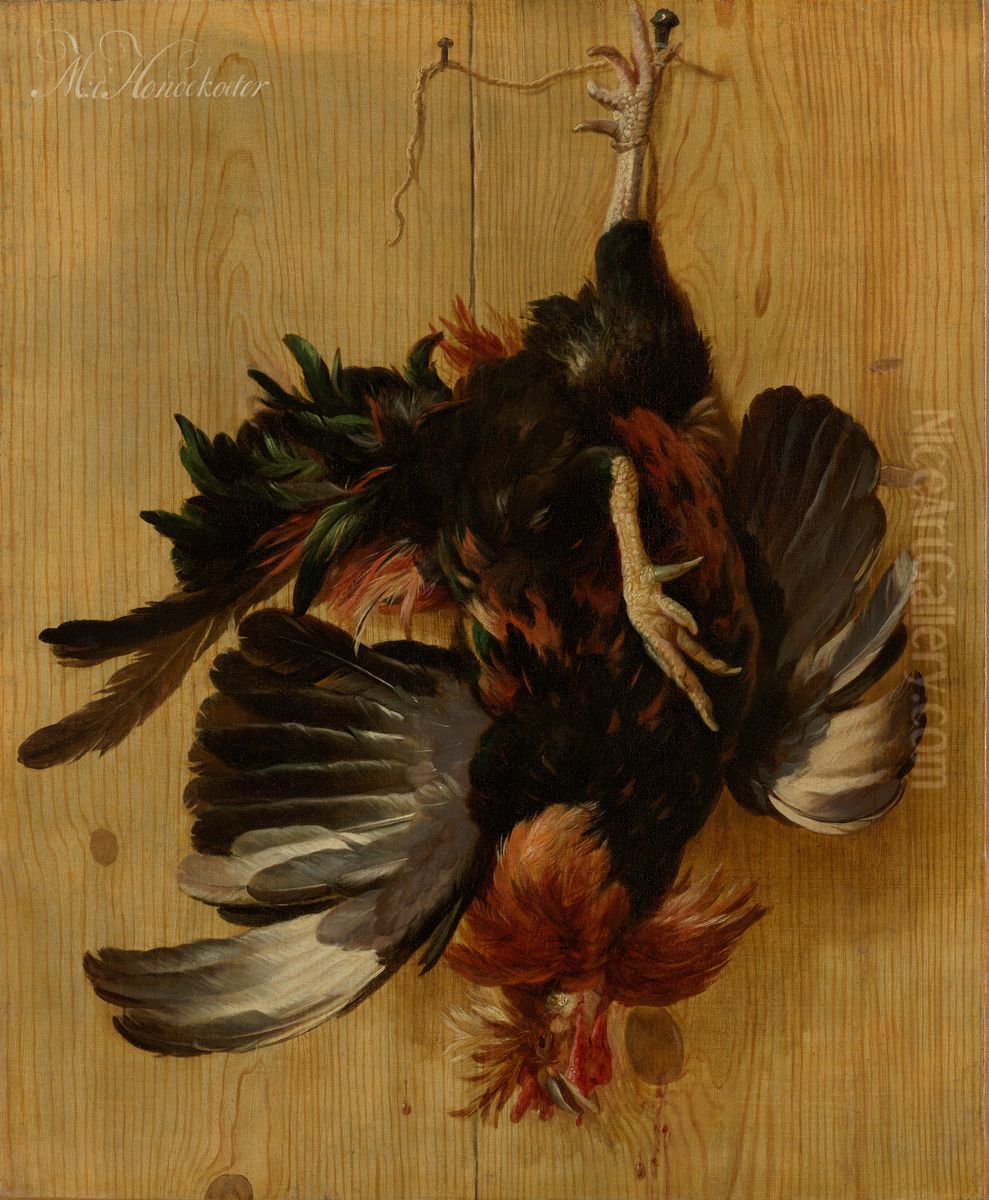 Un coq mort suspendu a un clou Oil Painting by Melchior D'Hondecoeter