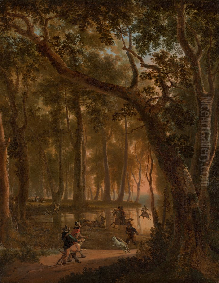 Deer Hunt in a Forest Oil Painting by Jan Hackaert