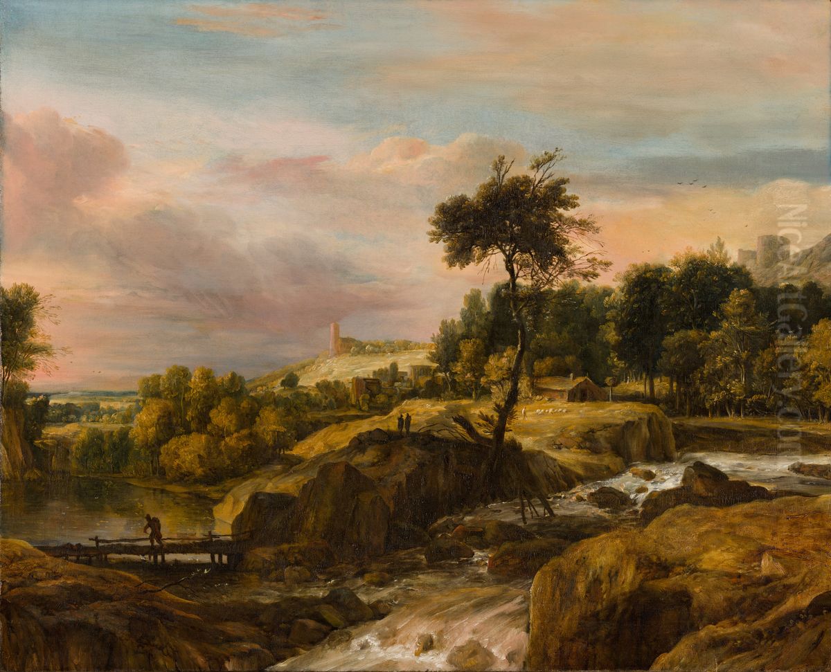 Mountainous Landscape with Waterfall Oil Painting by Roelant Roghman