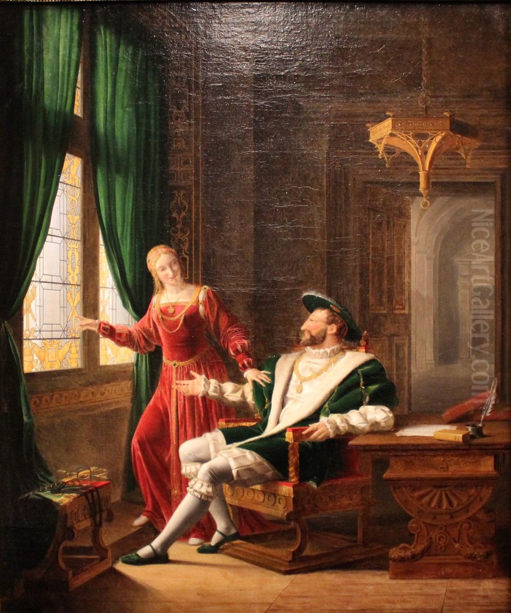 Francois Ier montre a Marguerite de Navarre, sa soeur, les vers qu'il vient d'ecrire sur une vitre avec son diamant. Oil Painting by Francois Fleury-Richard