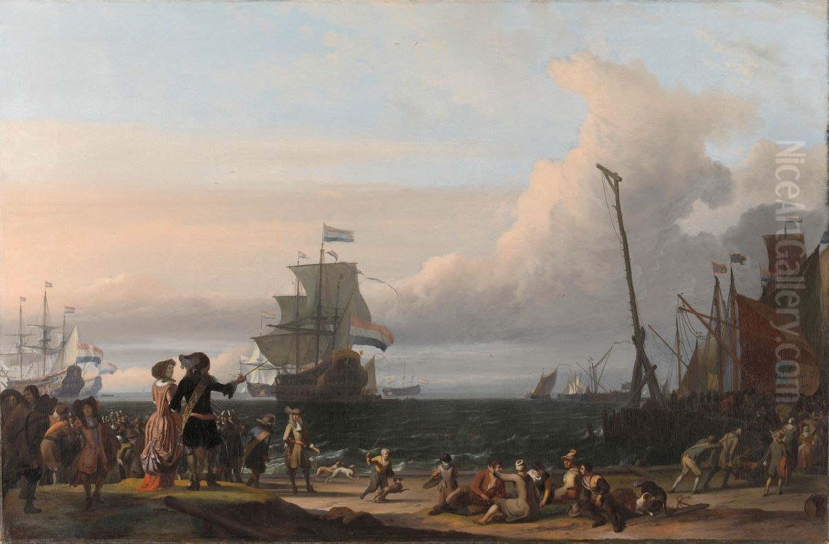 Dutch Ships in the Roads of Texel; in the middle the 'Gouden Leeuw',  the Flagship of Cornelis Tromp Oil Painting by Ludolf Bakhuizen