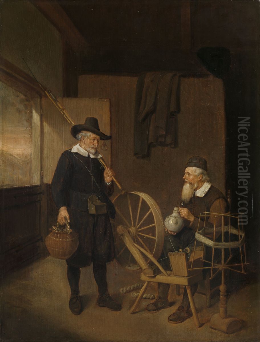 Interior with Fisherman and Man beside a Bobbin and Spool Oil Painting by Quirijn van Brekelenkam
