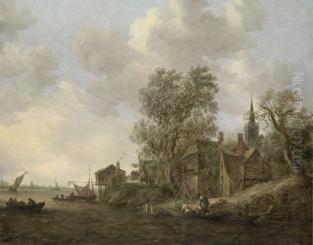Gezicht op een dorp aan een rivier Oil Painting by Jan van Goyen