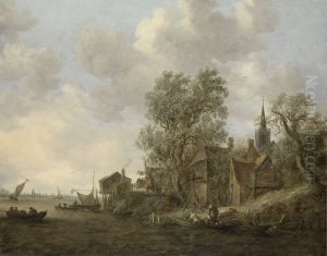 Gezicht op een dorp aan een rivier