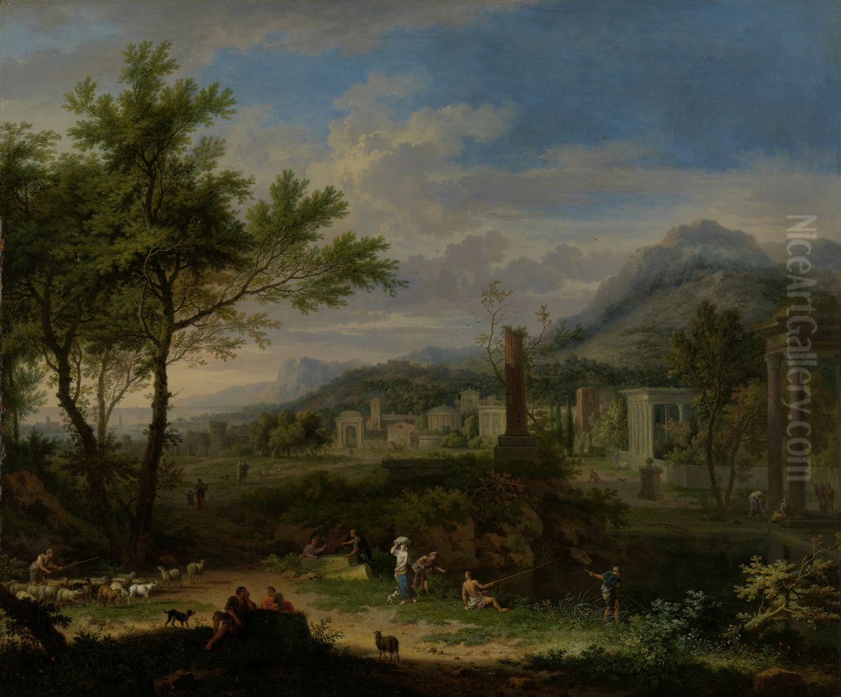 Arcadian Landscape with Fishermen Oil Painting by Jan Van Huysum