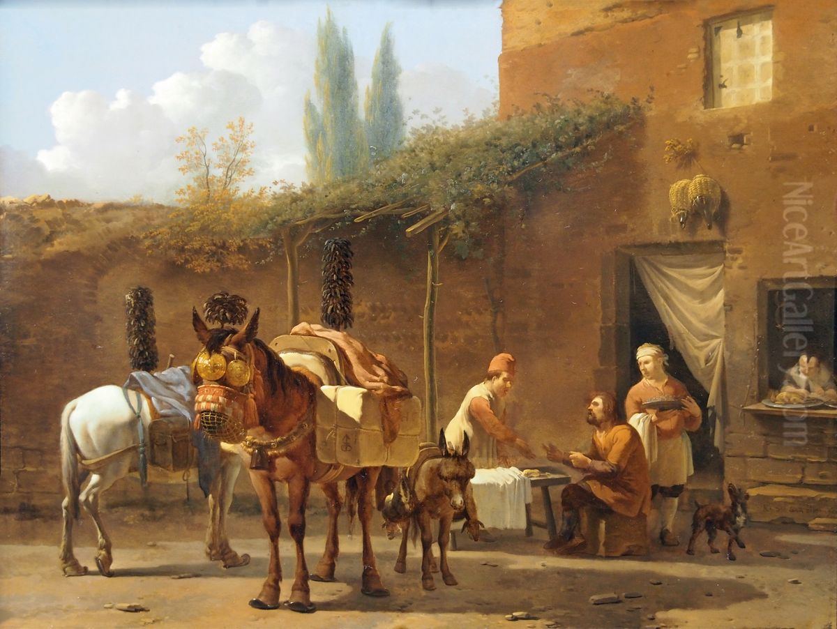 Muilezeldrijvers bij een herberg Oil Painting by Karel Dujardin