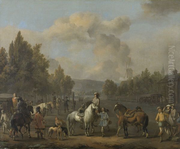 De rijschool Oil Painting by Johannes Lingelbach