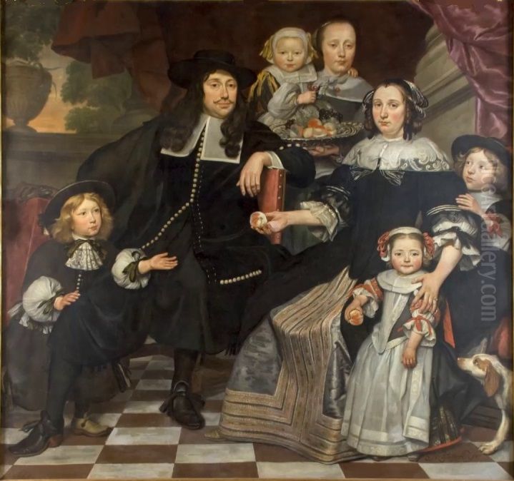 A family on the terrace of a country house Oil Painting by Hendrick ten Oever