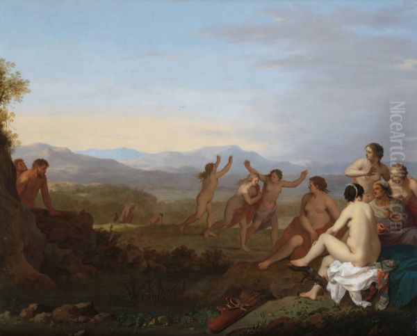 Nimfen door saters bespied Oil Painting by Cornelius van Poelenburgh