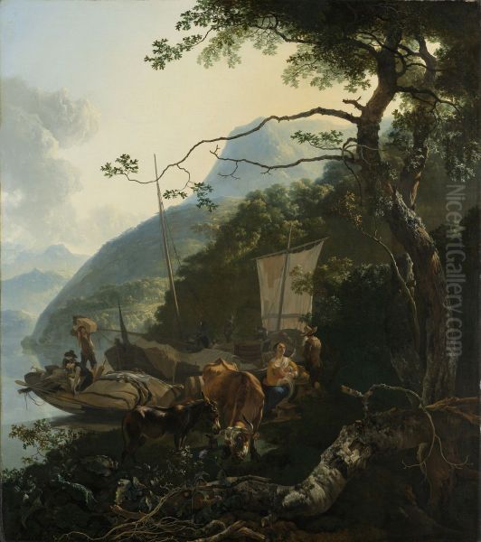 Schippers met hun boten aan de oever van een Italiaans meer Oil Painting by Adam Pynacker