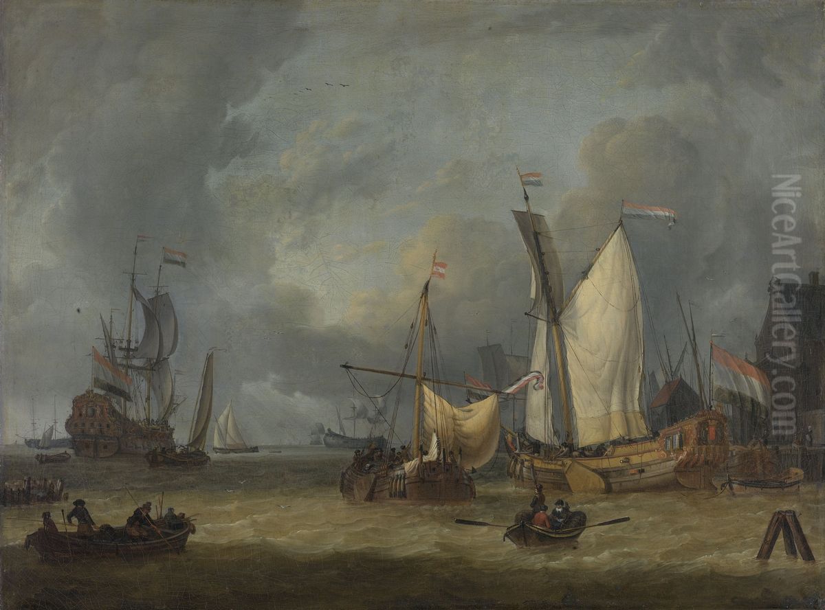 Schepen in de haven bij een stevige bries Oil Painting by Jan Claesz Rietschoof