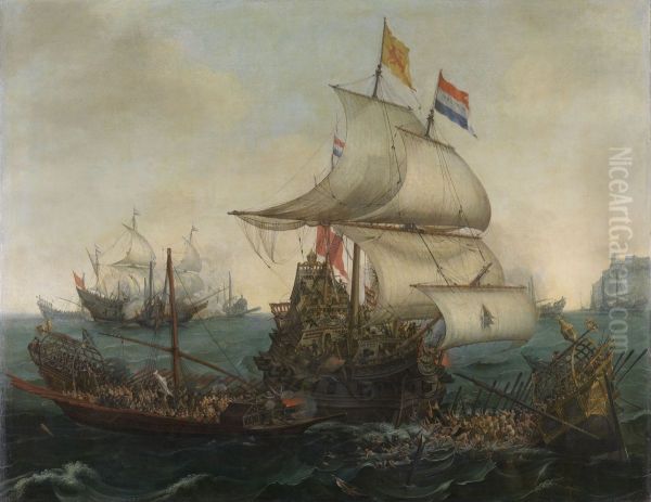 Dutch ships ramming Spanish galleys off the Flemish coast, 3 October 1602[old title].[1] Oil Painting by Hendrick Cornelisz Vroom