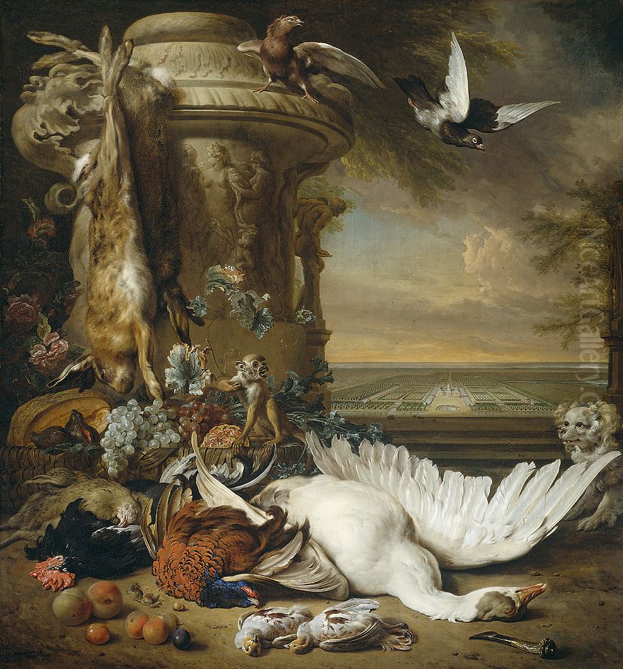 Stilleven met dood wild en vruchten naast een tuinvaas, met een aap, een hond en twee duiven; in het verschiet Rijksdorp bij Wassenaar, een buitenverblijf van jhr. Jacob Emmery baron van Wassenaar Oil Painting by Jan Weenix