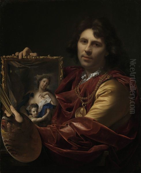 Self-portrait met het portret van zijn vrouw Margaretha van Rees en hun dochtertje Maria Oil Painting by Adriaen Van Der Werff