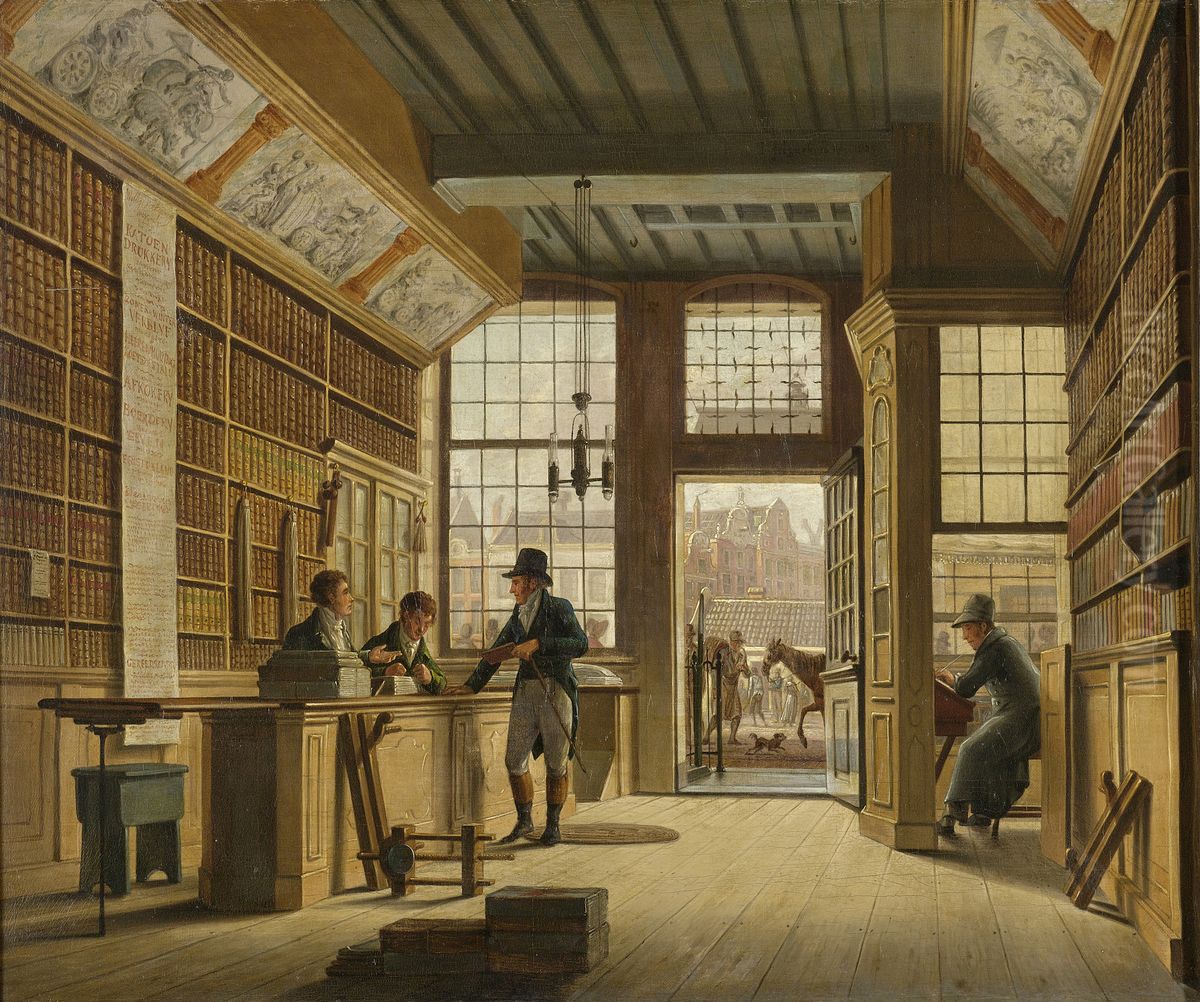 De winkel van boekhandelaar Pieter Meijer Warnars op de Vijgendam in Amsterdam Oil Painting by Johannes Jelgerhuis