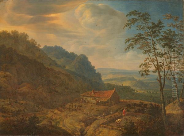 Berglandschap met boerderij Oil Painting by Herman Saftleven
