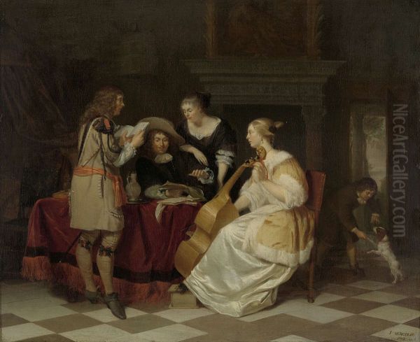 Musicerend gezelschap Oil Painting by Jan Verkolje