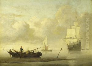 Schepen voor de kust tijdens windstilte