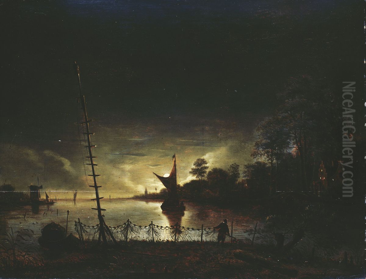 Landschap bij maneschijn Oil Painting by Anthonie Van Borssom
