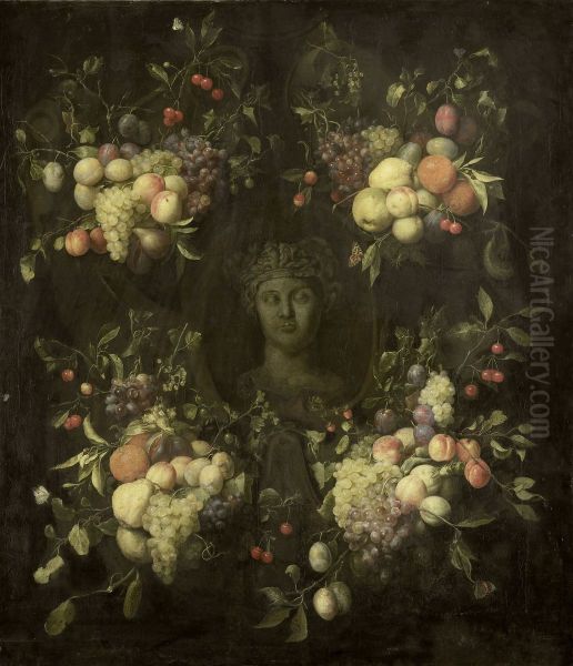 Marmeren borstbeeld omgeven door een festoen van vruchten Oil Painting by Joris Van Son
