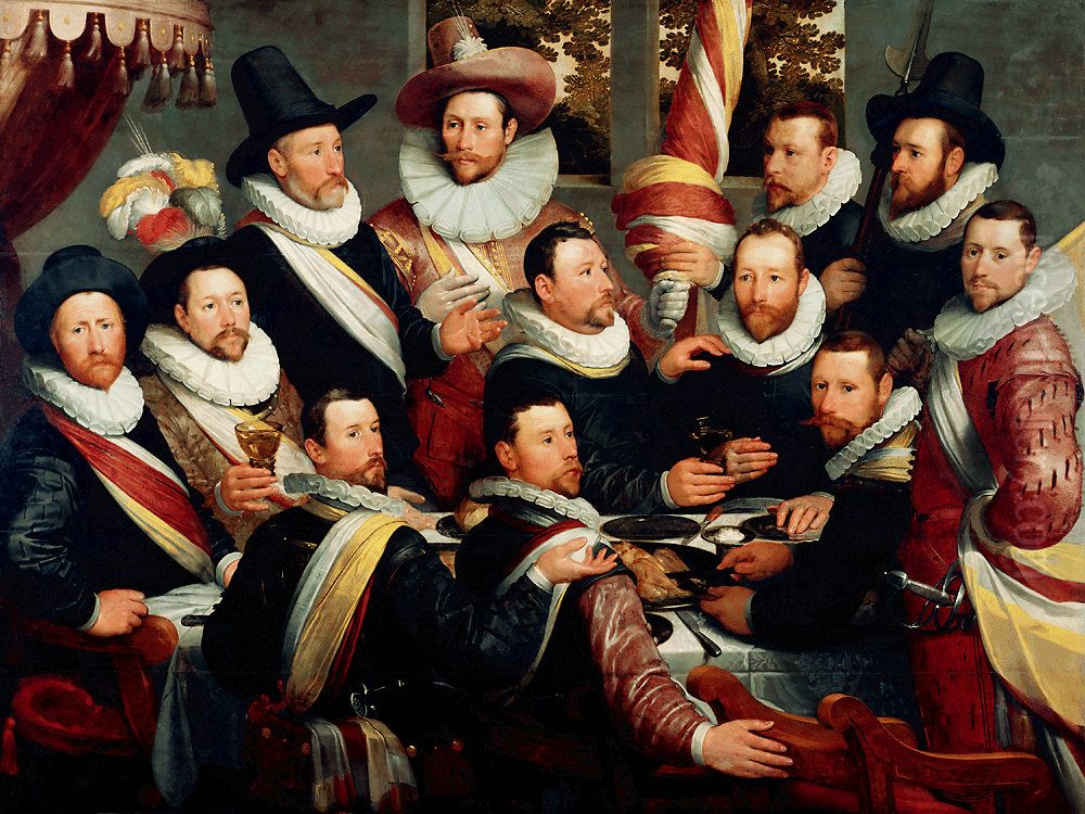Banquet of the officers and sub-alterns of the Haarlem Calivermen Civic Guard Oil Painting by Cornelis van Haarlem