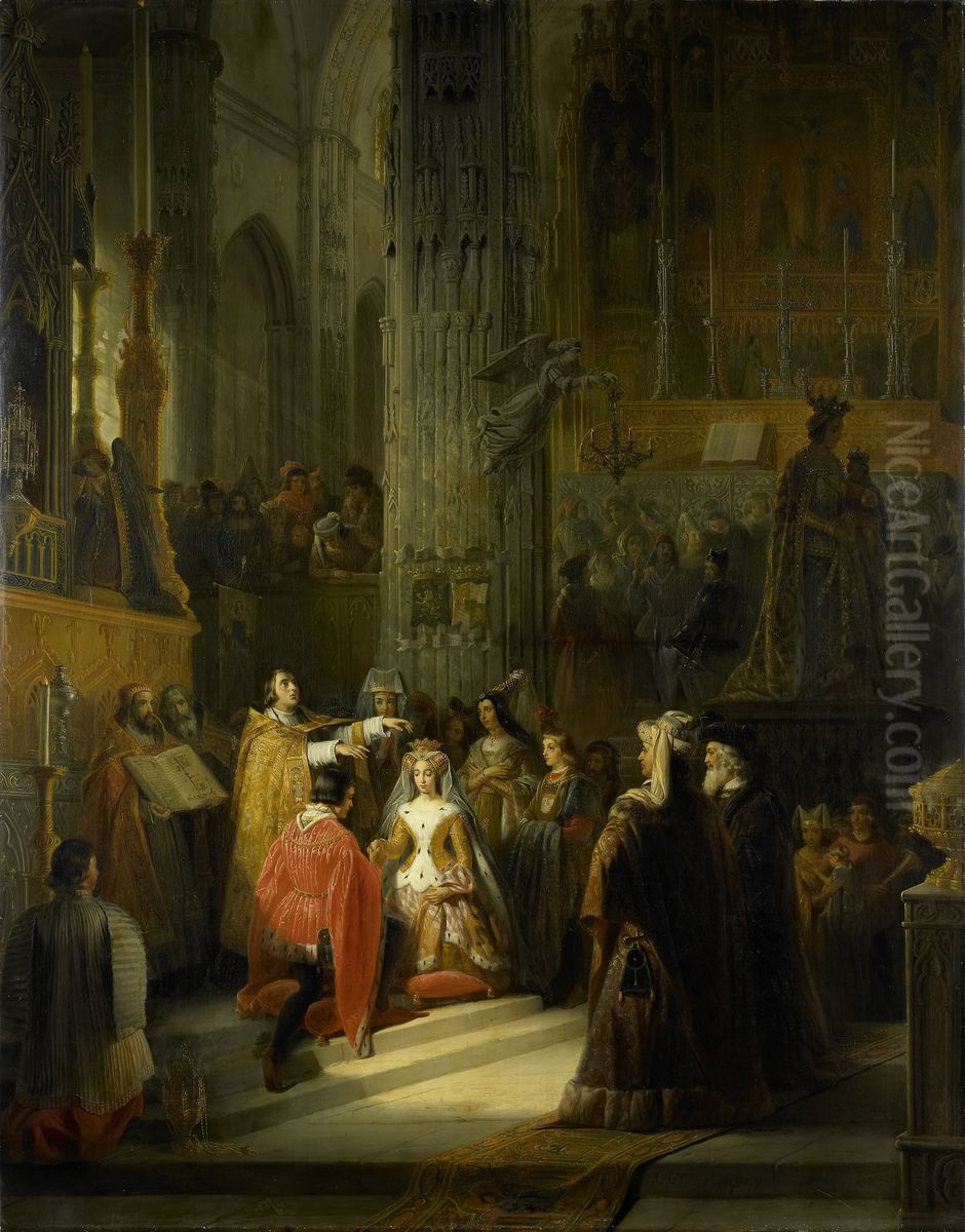 Het huwelijk van Jacoba van Beieren, gravin van Holland, en Jan IV, hertog van Brabant, op 10 maart 1418 Oil Painting by Jacobus Josephus Eeckhout