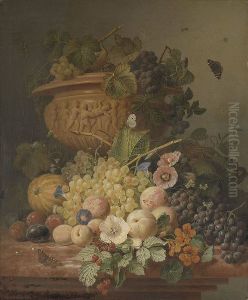 Stilleven met bloemen en vruchten Oil Painting by Eelke Jelles Eelkema