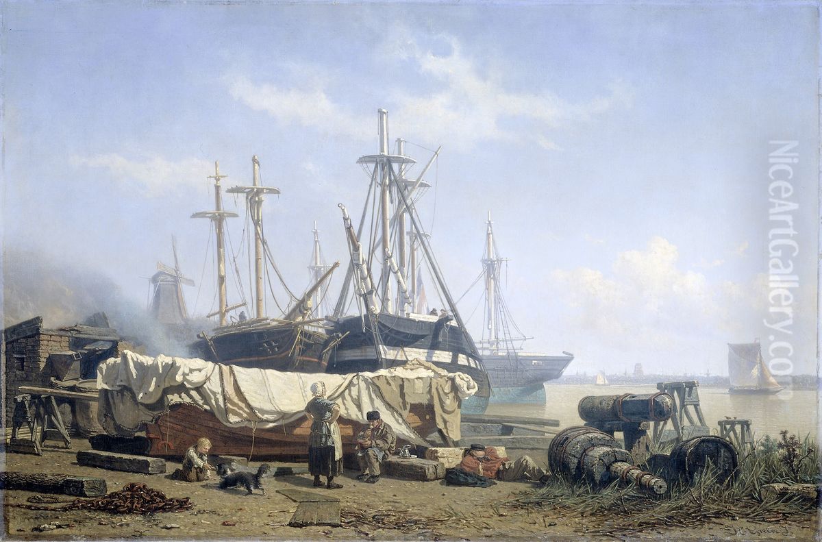 Schafttijd op een scheepstimmerwerf aan de Maas Oil Painting by Johan Conrad Greive