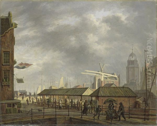 De kleine vismarkt op de hoek van de Brouwersgracht en het Singel te Amsterdam Oil Painting by Johannes Jelgerhuis