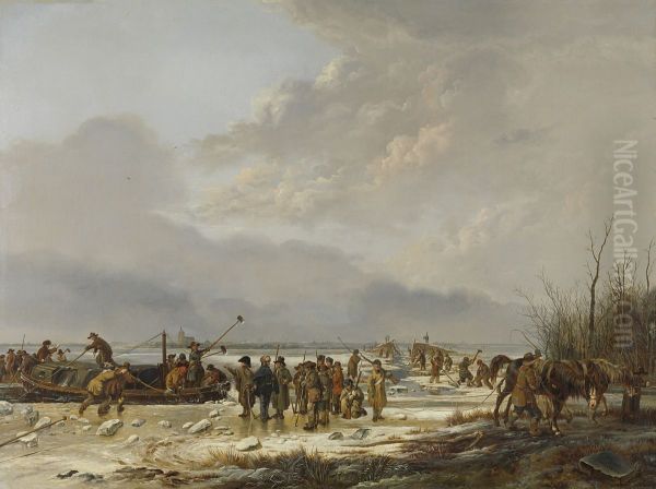 Het doorijzen van de Karnemelksloot bij Naarden, januari 1814 Oil Painting by Pieter Gerardus Van Os