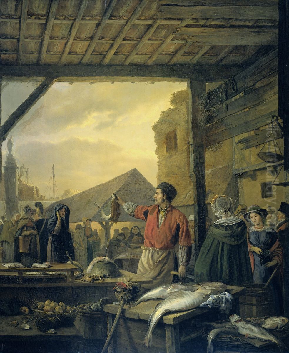 De vismarkt te Antwerpen Oil Painting by Ignatius Josephus van Regemorter