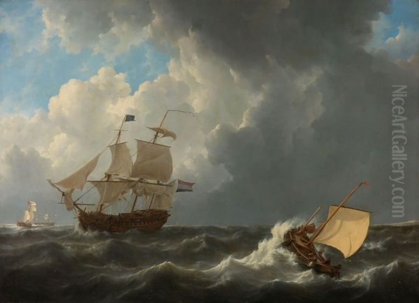 Schepen op een onstuimige zee Oil Painting by Johannes Christiaan Schotel