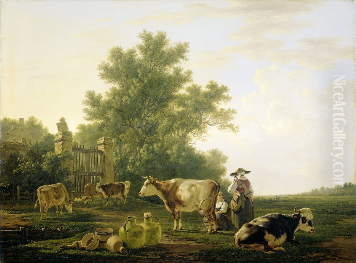 Milking Time Oil Painting by Jacob van Strij