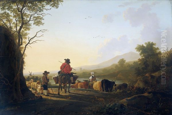 Landscape with cattle driver and shepherd. Oil Painting by Jacob van Strij