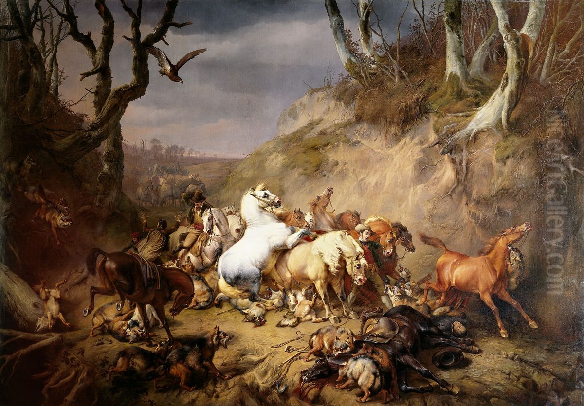 Hungry Wolves Attacking a Party of Riders Oil Painting by Eugene Verboeckhoven