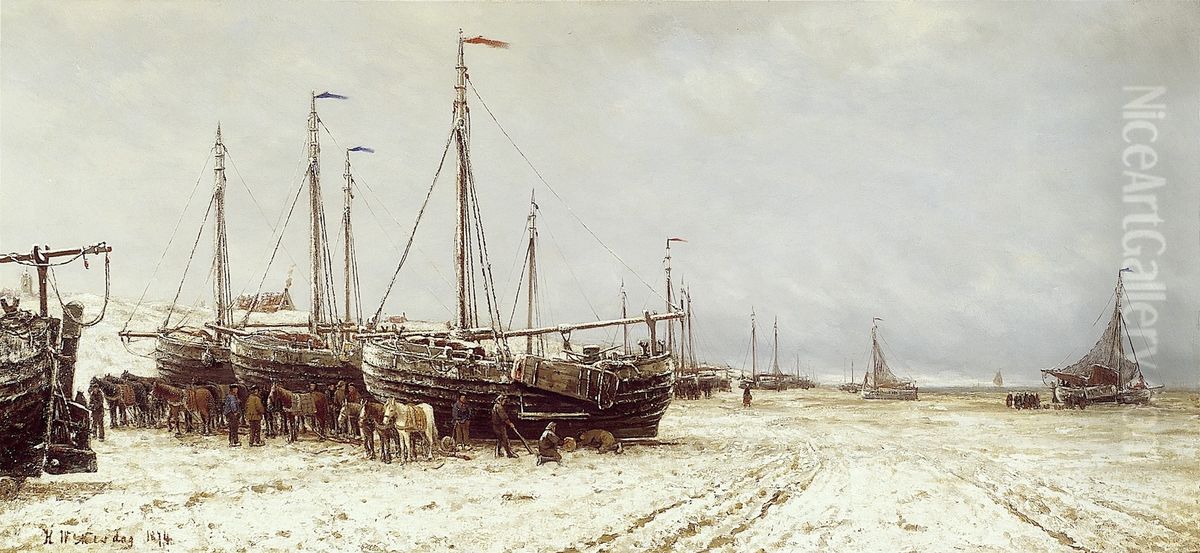 Boten op het strand bij Scheveningen Oil Painting by Hendrik Willem Mesdag