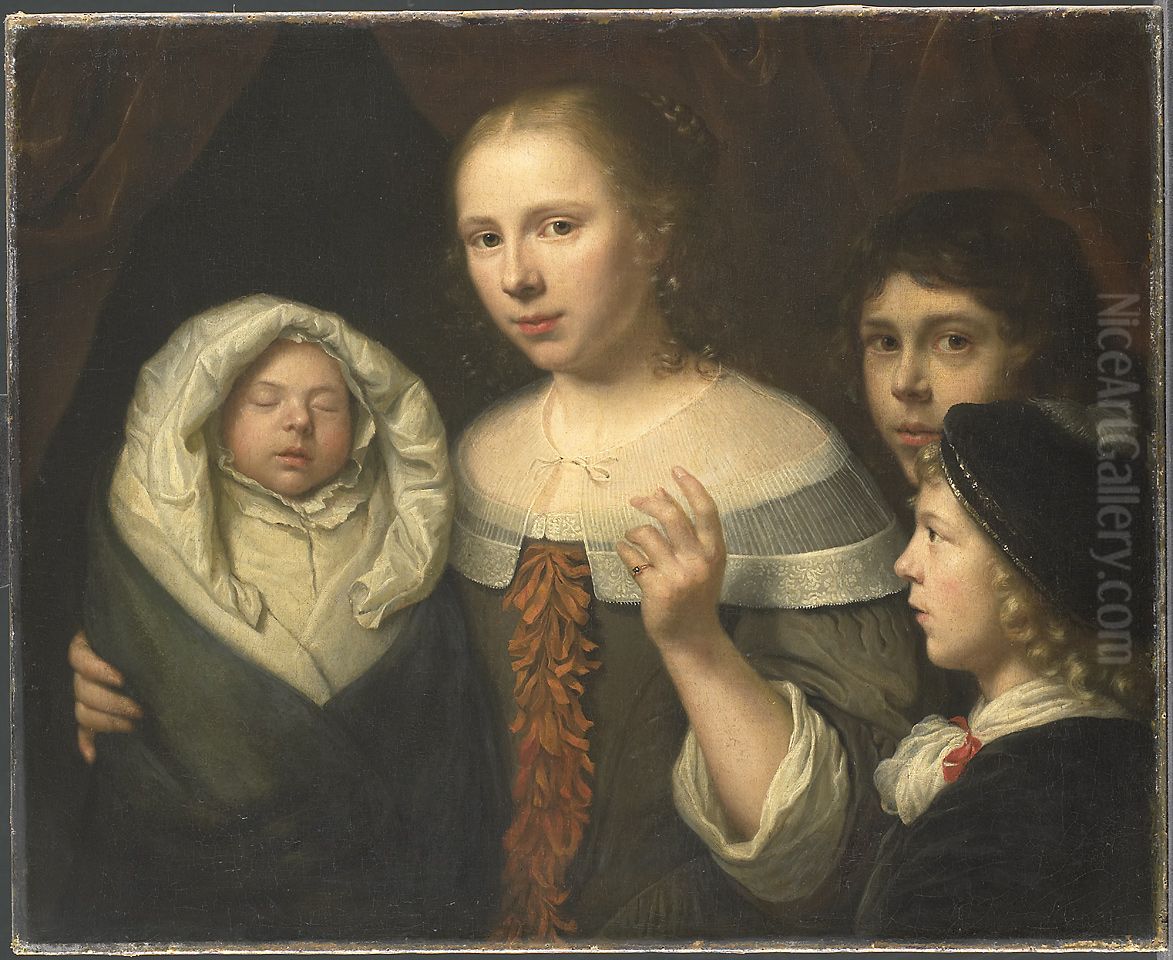 Portrait of a young woman with three children Oil Painting by Wallerant Vaillant