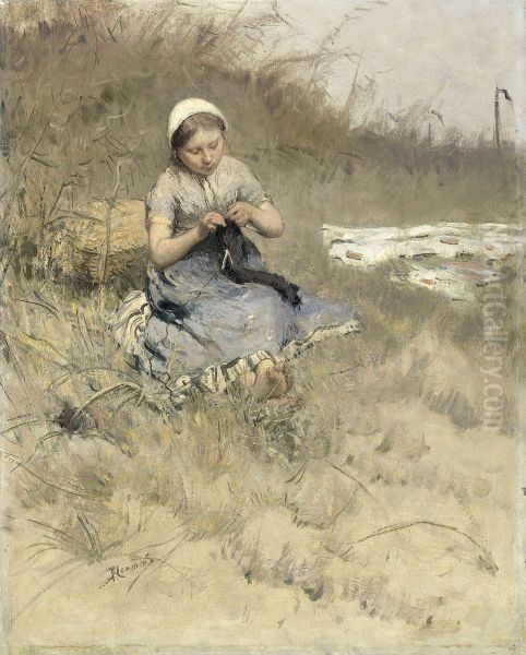 Girl Knitting Oil Painting by Bernard Blommers