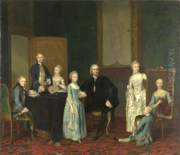 Portrait of Pieter Cornelis Hasselaer (1720-1797) and his Children Oil Painting by George van der Mijn