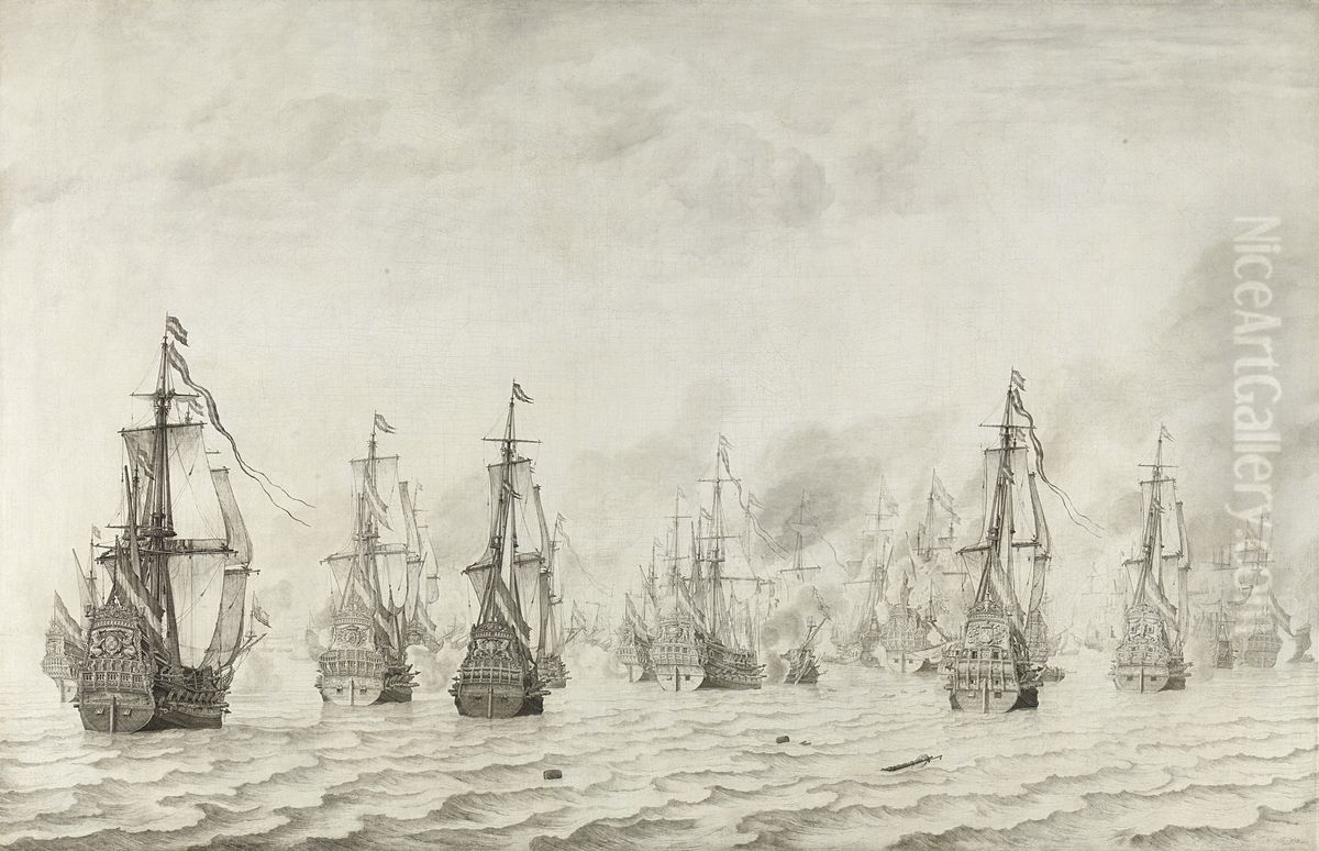 De zeeslag tegen de Spanjaarden bij Duinkerken Oil Painting by Willem van de, the Elder Velde