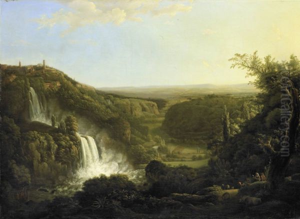 Het dal van de Anio met de watervallen van Tivoli. Oil Painting by Cornelis Apostool