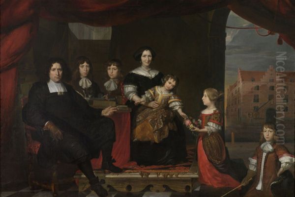 Reyer Reyersz van der Burch (1630-95), commies van de Ammunitie aan de Generaliteitsmagazijnen te Delft, met zijn vrouw Geertruid Graswinckel en hun kinderen Frank, Cornelis, Reyer, Maria en Alida Oil Painting by Cornelis De Man