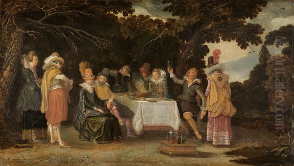 Voornaam gezelschap, dinerend in de buitenlucht Oil Painting by Esaias Van De Velde