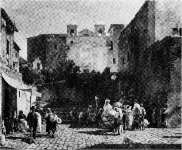 Market Day in an Italian Town Oil Painting by Oswald Achenbach