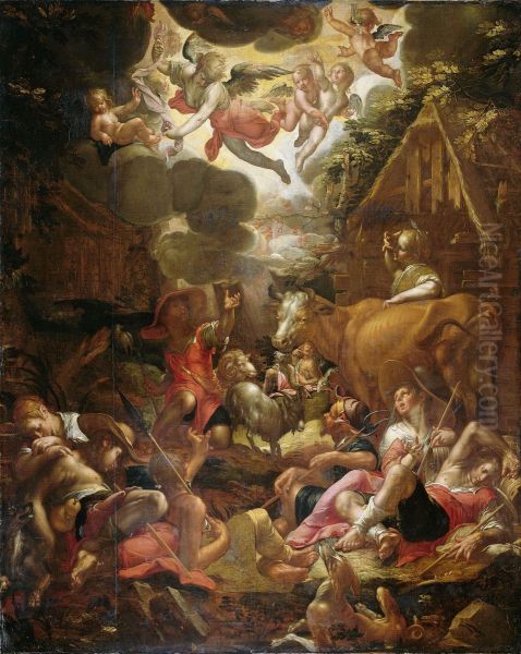 De verkondiging aan de herders Oil Painting by Joachim Wtewael