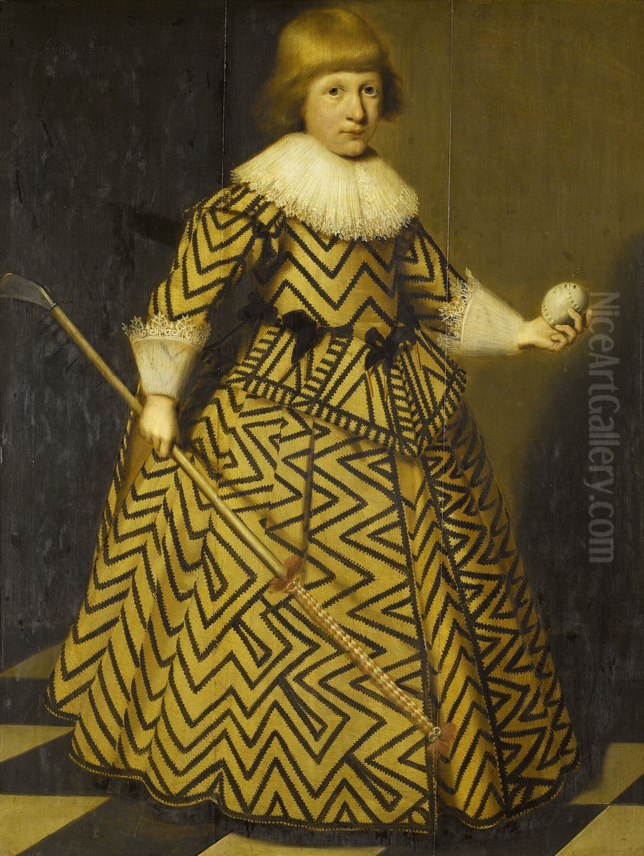 Portret van een jongen met kolfstok Oil Painting by Wybrand de Geest