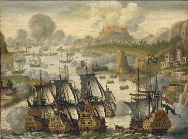 Zeeslag in de baai van Vigo, 23 oktober 1702. Episode uit de Spaanse Successieoorlog Oil Painting by unknown