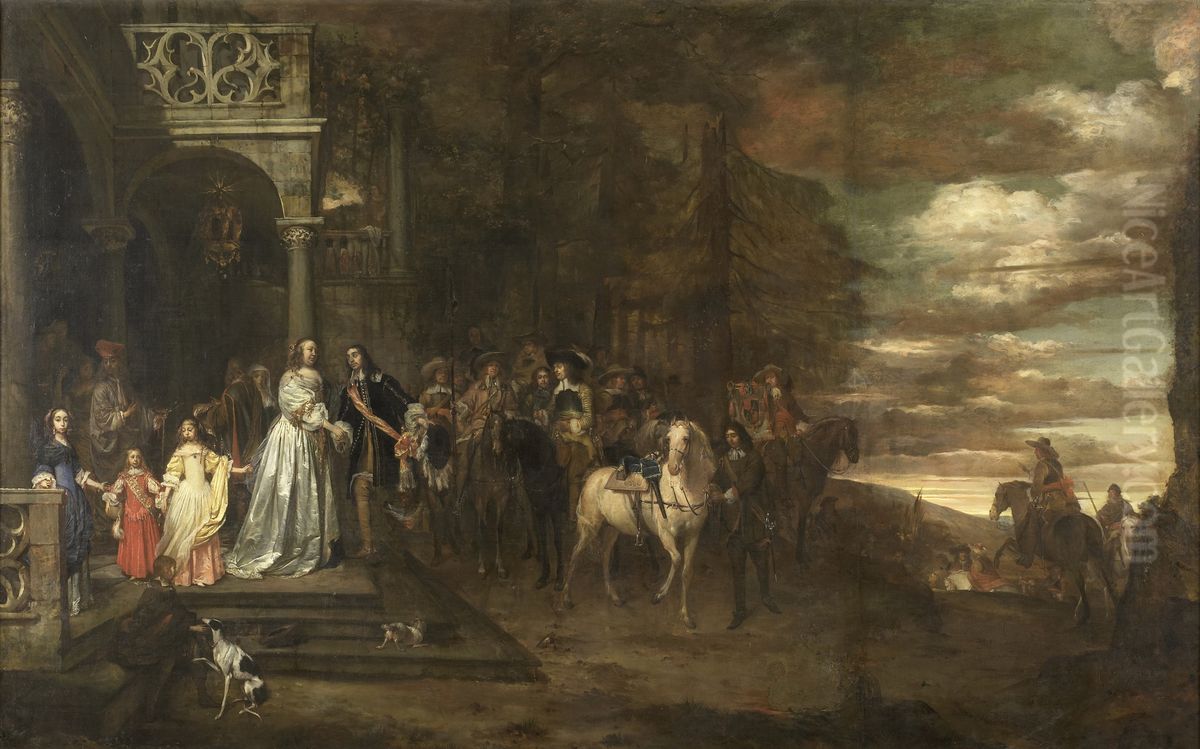 The Leavetaking of Captain Hendrik de Sandra (1619-1707), sent off by his Wife and Children Oil Painting by Pieter van Anraedt