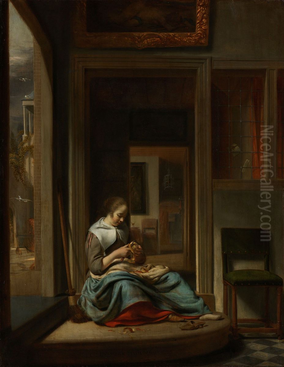 De appelschilster Oil Painting by Cornelis Bisschop