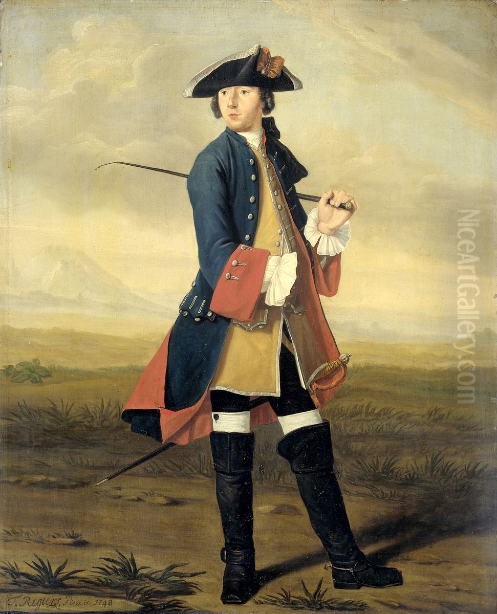 Ludolf Bakhuysen II (1717-82). Schilder, in het uniform der Dragonders Oil Painting by Tibout Regters